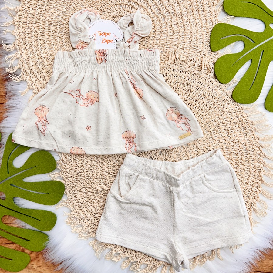 Conj. Batinha Água Viva e Short em Linho - Areia e Laranja